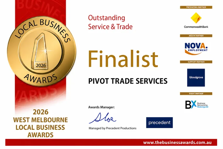 Certificate naming Pivot Trade Services a finalist for Outstanding Service and Trade at the 2026 West Melbourne Local Business Awards