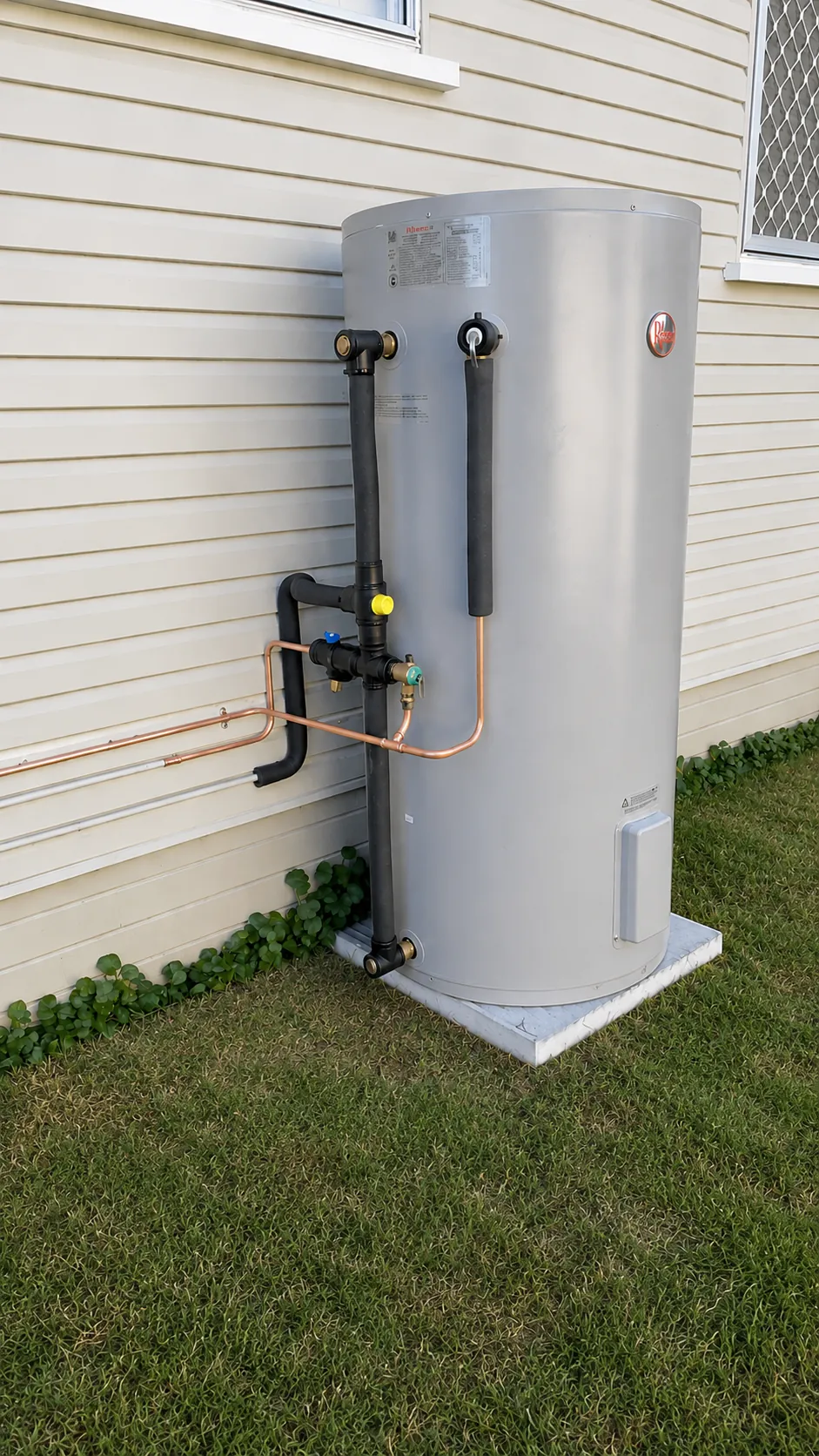 Rheem electric storage hot water unit installed on a pad beside a weatherboard wall
